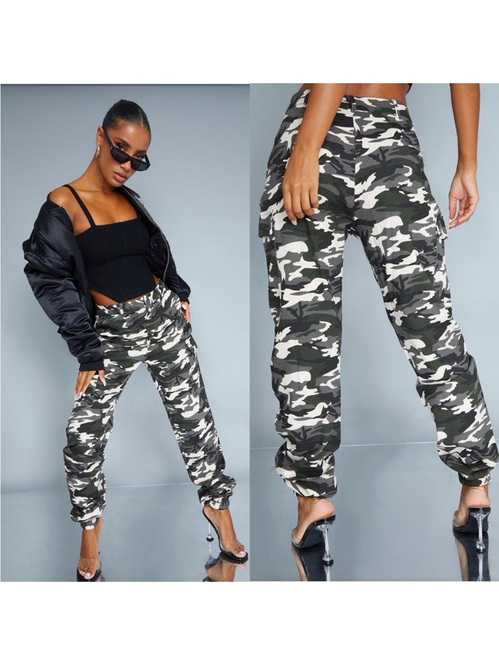 PrettyLittleThing Grey, Black & White Camo Cargo Joggers